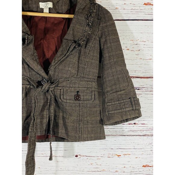 Ann Taylor Loft Blazer Jacket Sz 10 Petite Coat Button Front Brown Plaid Short - Picture 4 of 12